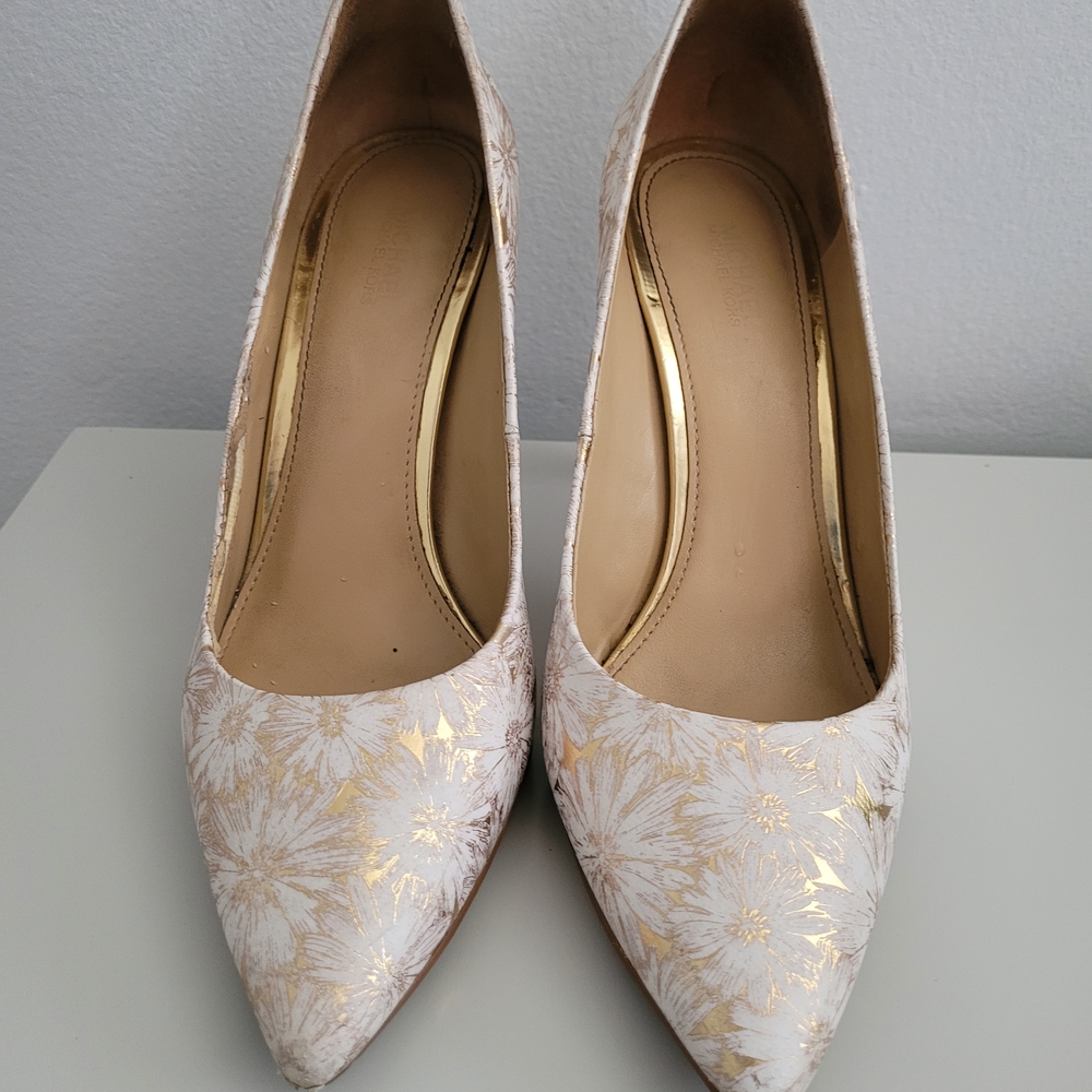 Michael Kors White and Gold Floral Heels